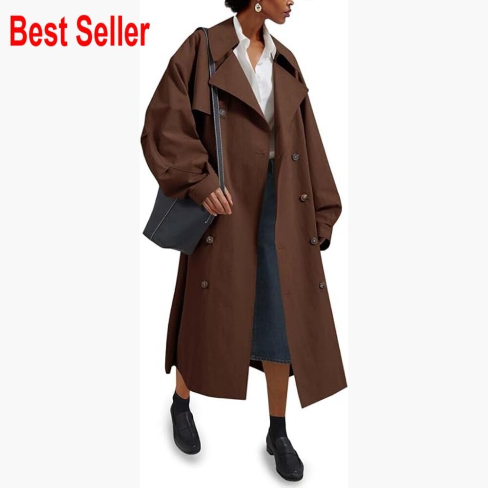 Long Double Breasted Trench Coat Oversized Belted Overcoat 100% Polyester